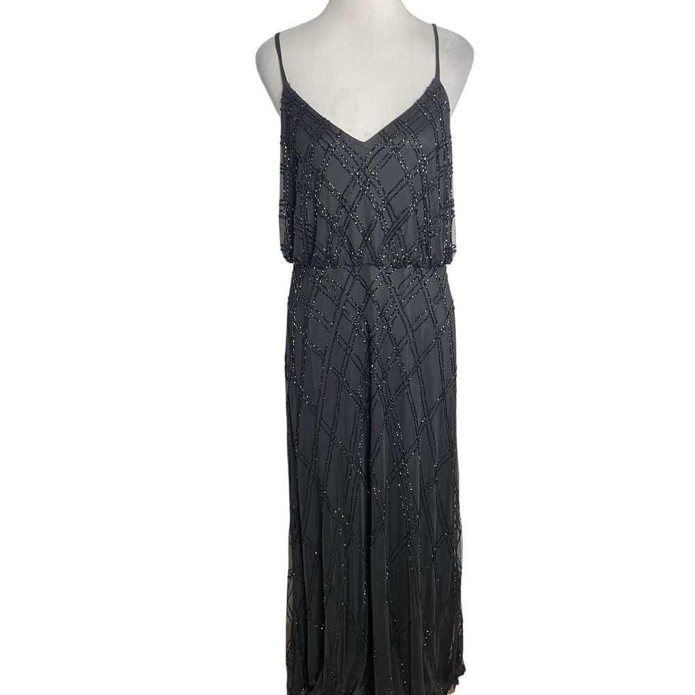 Adrianna Papell Black Beaded V Neck Blouson Long Gown Dress Size 12